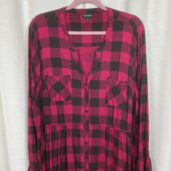 Torrid Red Plaid Button Front Shirt Dress Sz.3 - Picture 5 of 14
